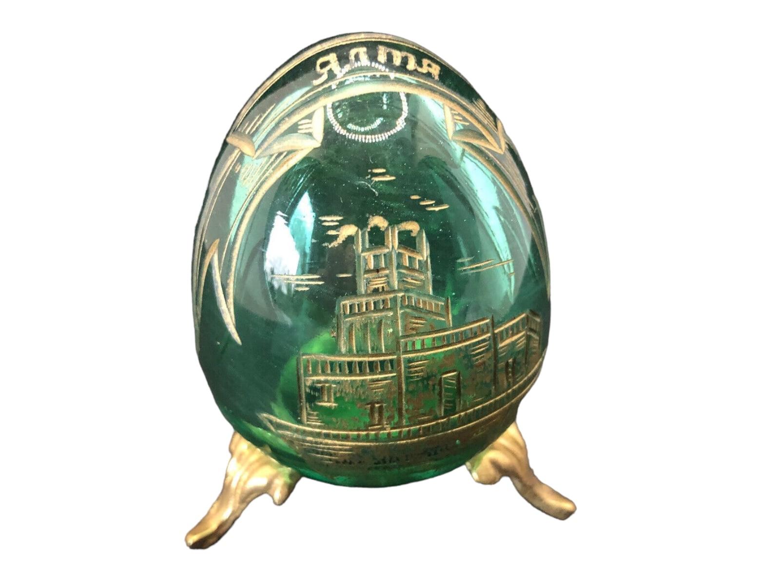 Cut Glass Vintage Faberge Russia Style Green Glass Egg with Etched Decorations