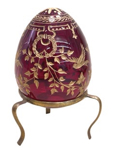 Vintage Faberge Russia Style Red & Gold Glass Egg with Etched Leaves Garnishment