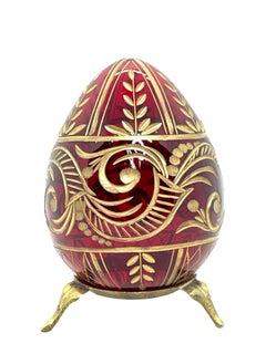 Vintage Faberge Russia Style Ruby Red Glass Egg with Etched Decorations