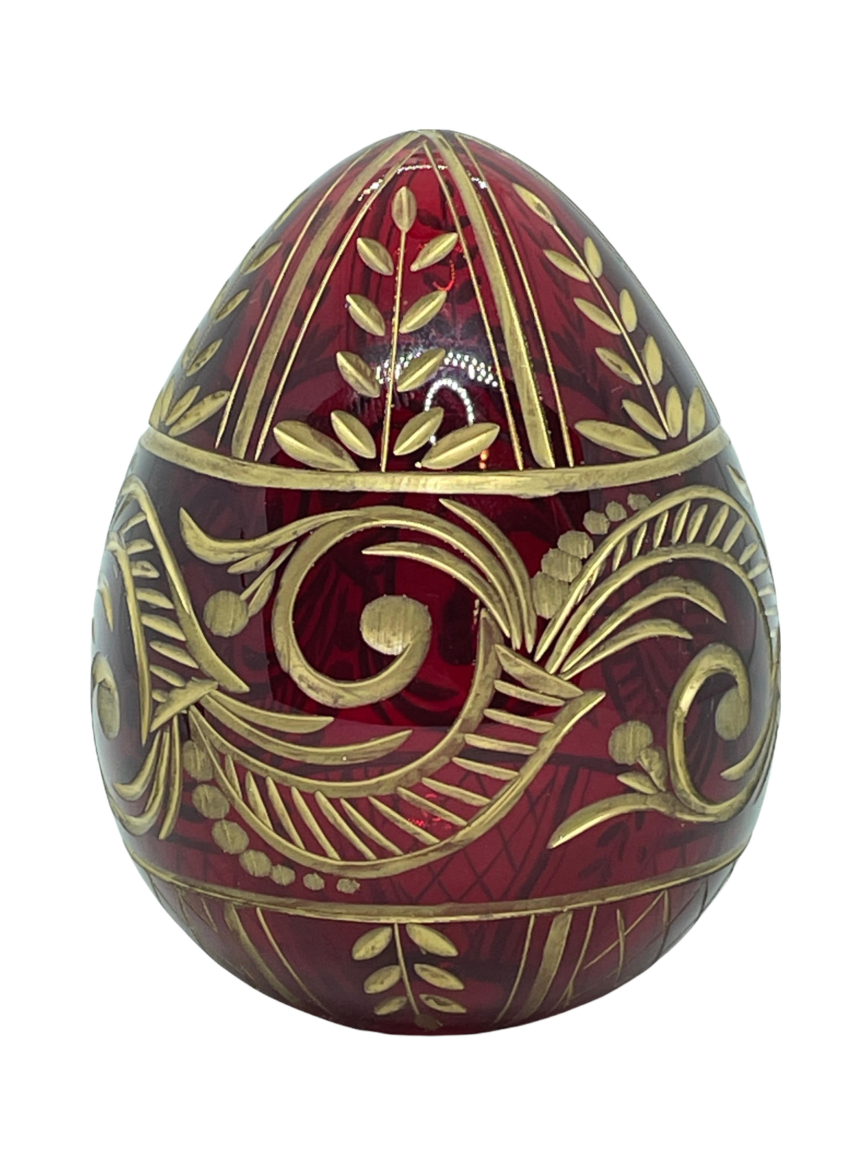 Art Nouveau Vintage Faberge Russia Style Ruby Red Glass Egg with Etched Decorations