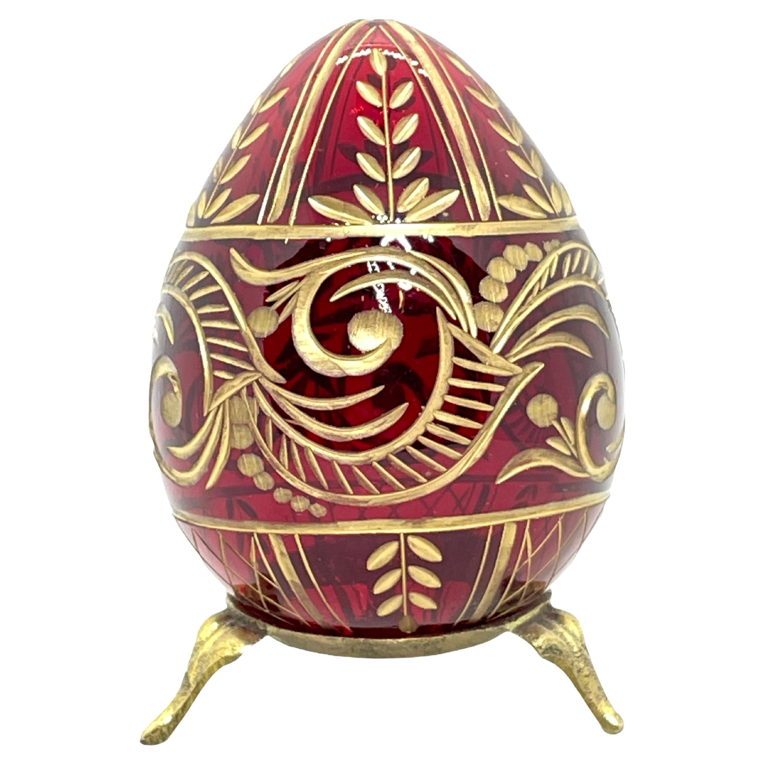 Vintage Faberge Russia Style Ruby Red Glass Egg with Etched Decorations