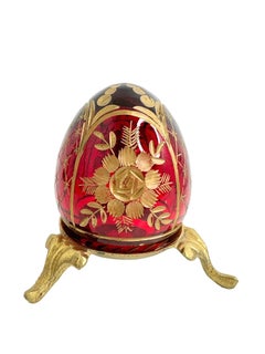 Vintage Faberge Russia Style Ruby Red Glass Egg with Etched Flower Garnishment