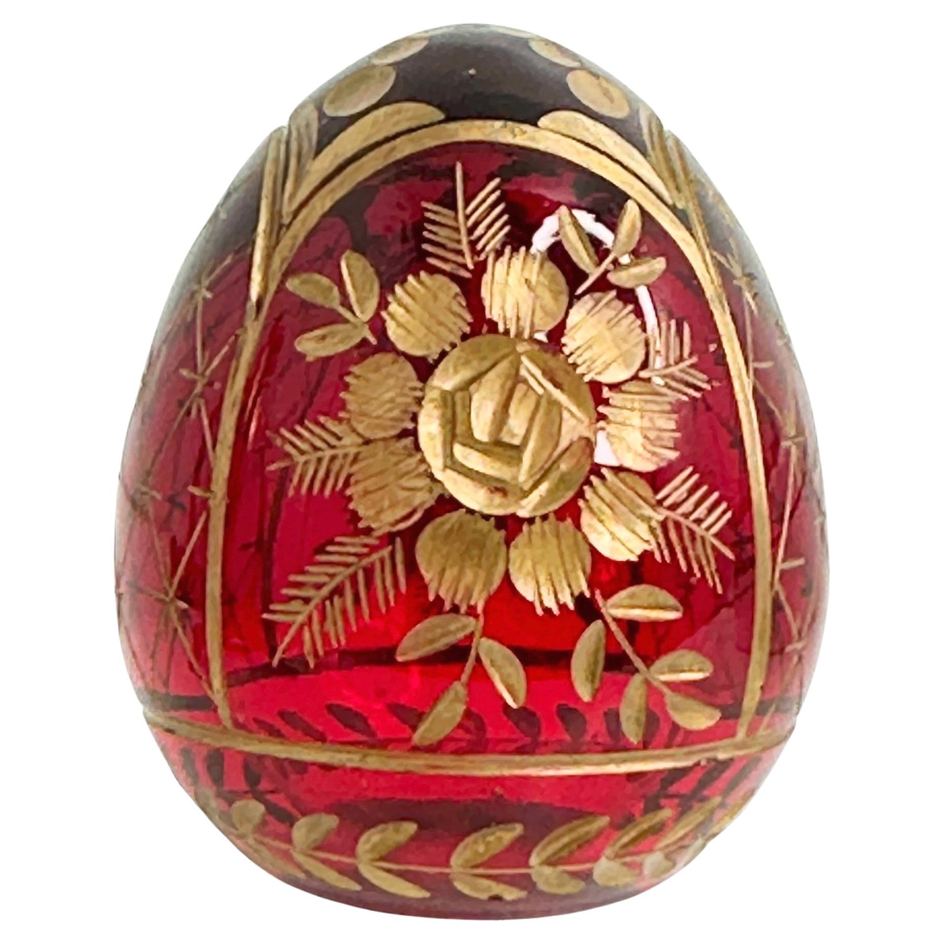 Vintage Faberge Russia Style Ruby Red Glass Egg with Etched Flower Garnishment