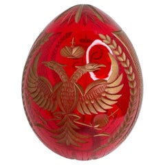 Vintage Faberge Russia Style Ruby Red Glass Egg with Etched Imperial Garnishment
