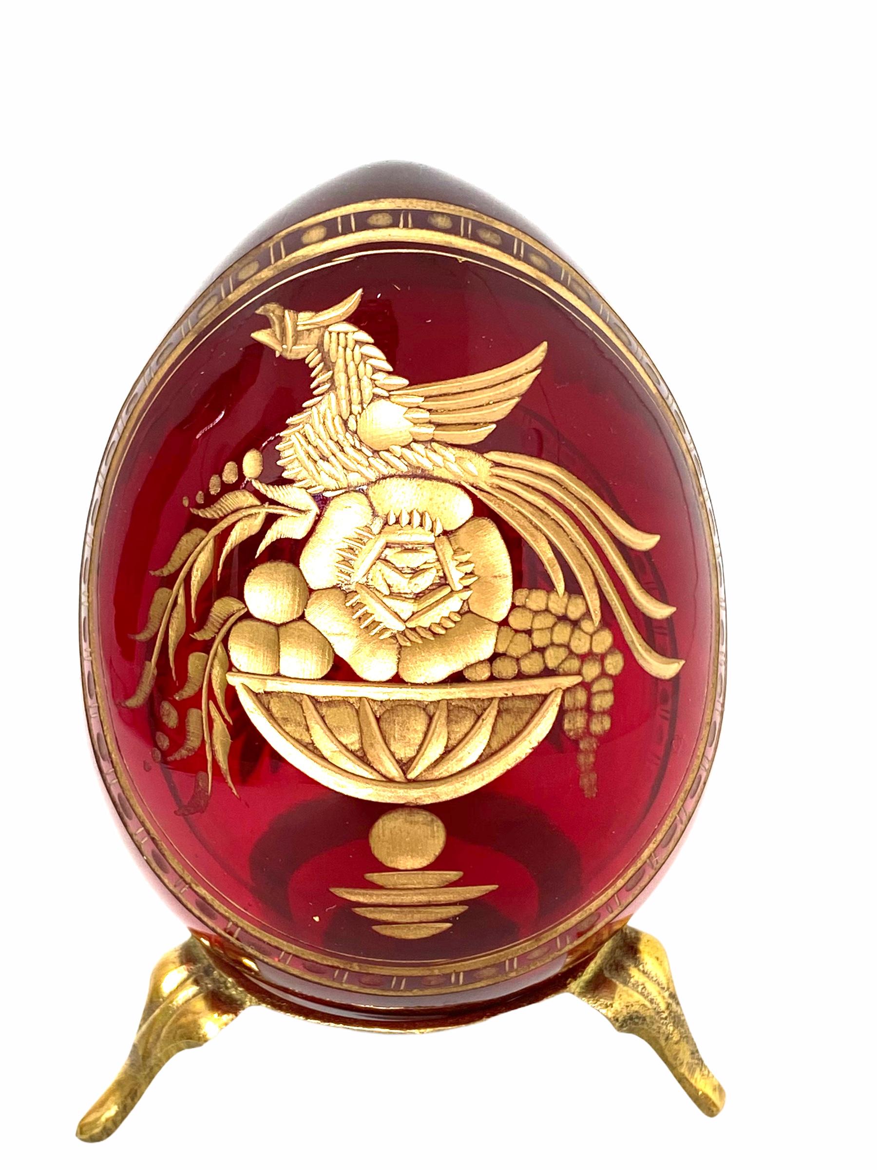 Art Nouveau Vintage Faberge Russia Style Ruby Red Glass Egg with Etched Royal Crest Monogram