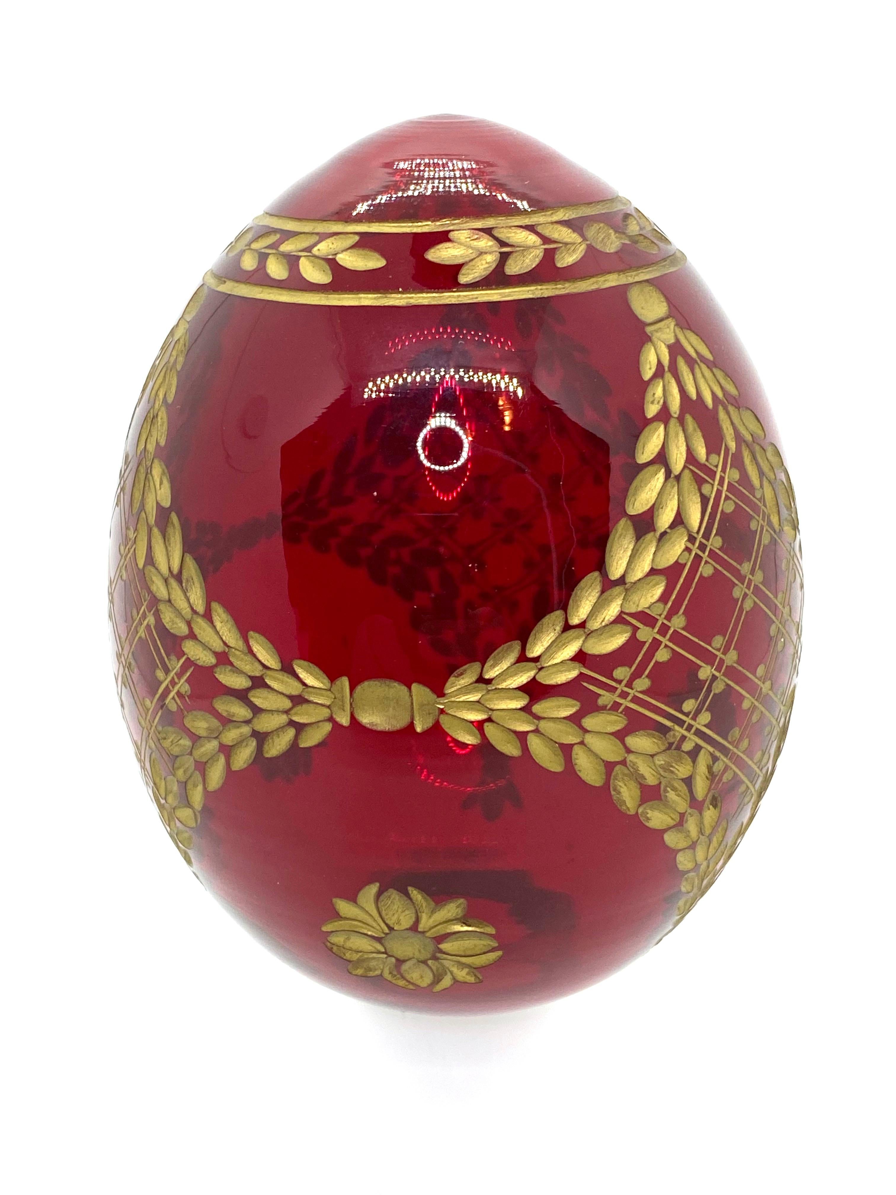 Art Nouveau Vintage Faberge Russia Style Ruby Red Glass Egg with Etched Royal Garnishment