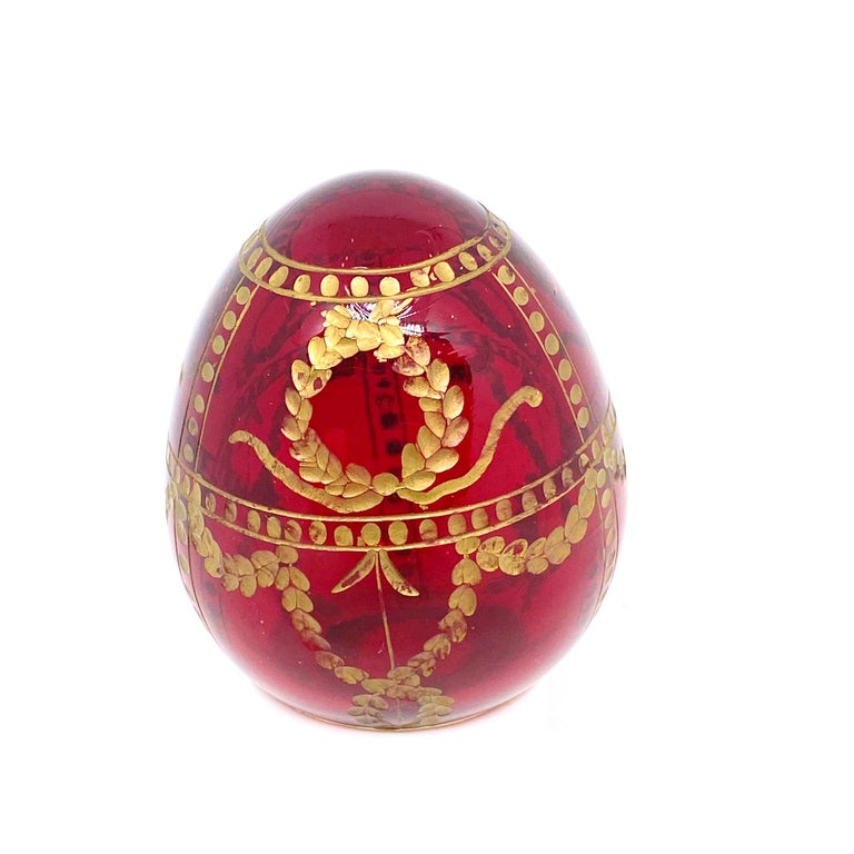 Vintage Faberge Russia Style Ruby Red Glass Egg with Etched Royal