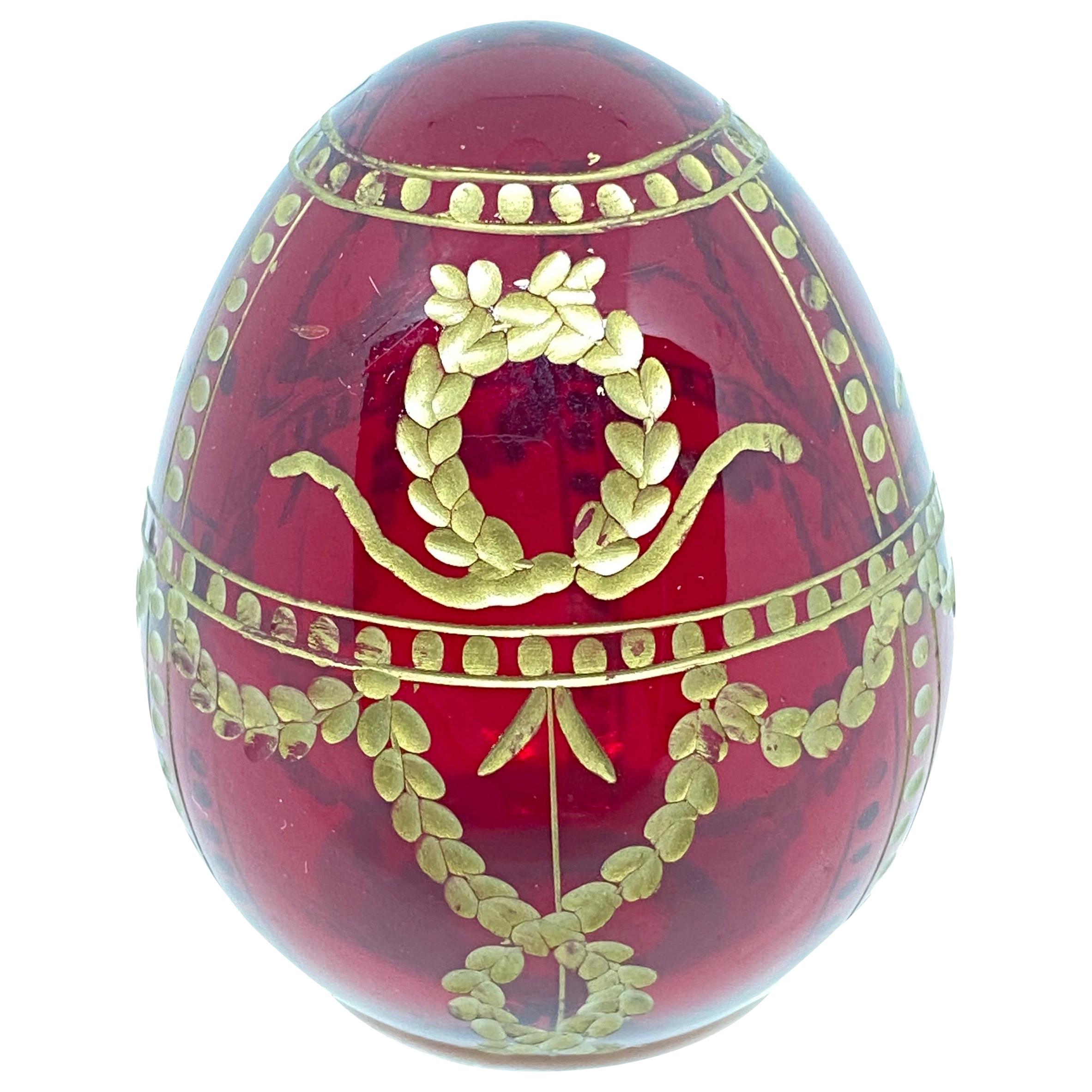 Vintage Faberge Russia Style Ruby Red Glass Egg with Etched Royal Garnishment