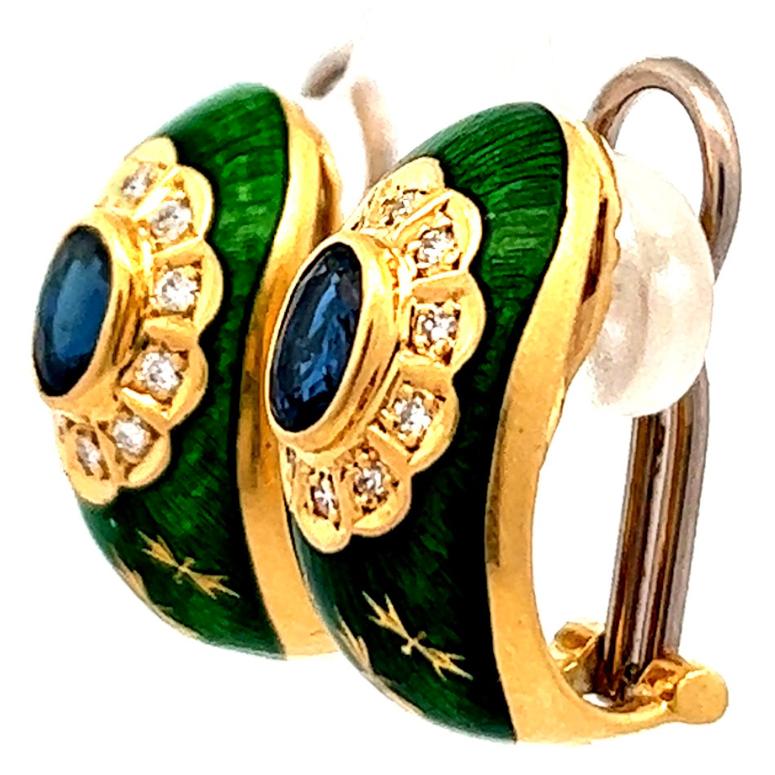 Women's or Men's Vintage Fabergé Sapphire Diamond Green Guilloche Enamel Ear Clips Earrings