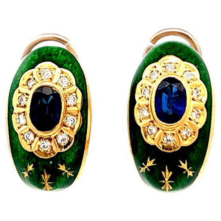 Vintage Fabergé Sapphire Diamond Green Guilloche Enamel Ear Clips Earrings