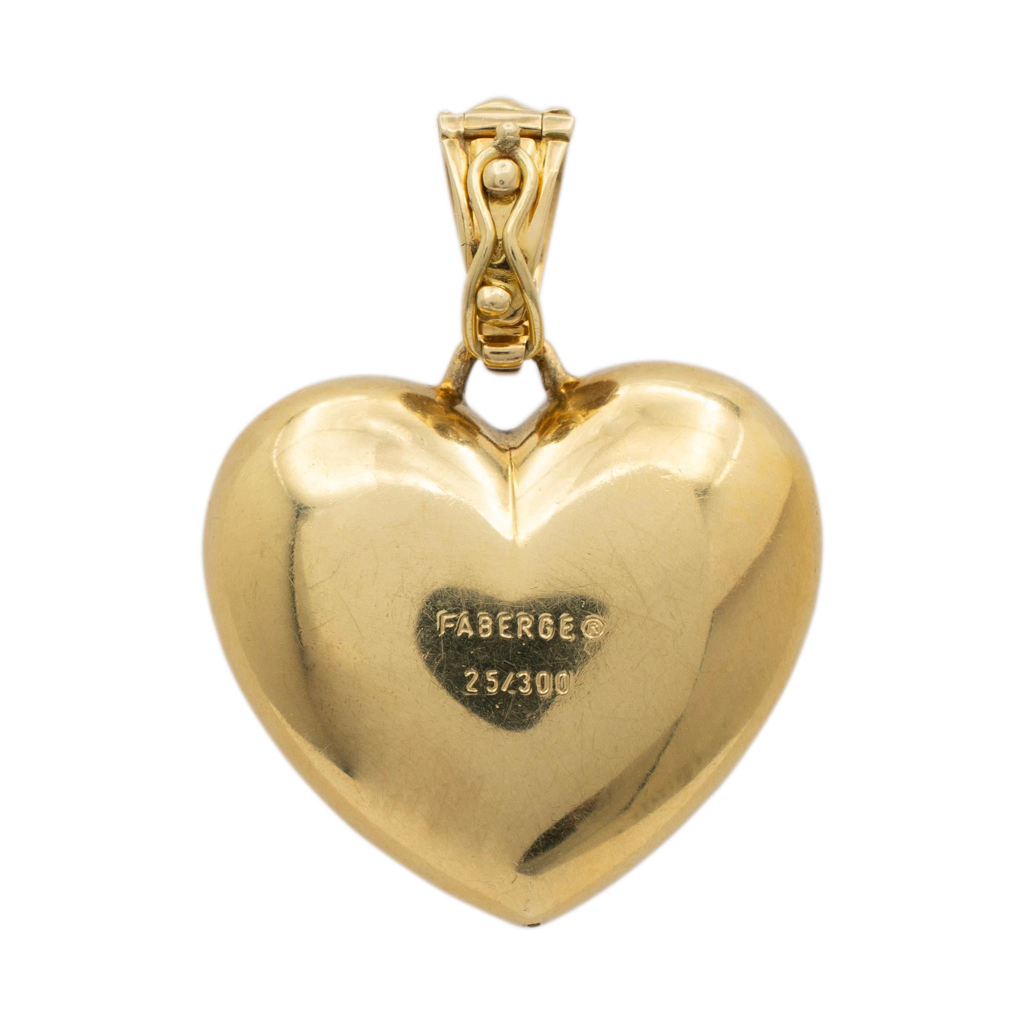 Brand: Faberge

Metal Type: 18K Yellow Gold

Thickness: 10.50 mm

Length: 1.25 Inches

Width: 1.00 mm

Weight: 12.50 Grams

18K yellow gold symbol diamond vintage heart-shaped pendant. The metal was tested and determined to be 18K yellow gold.