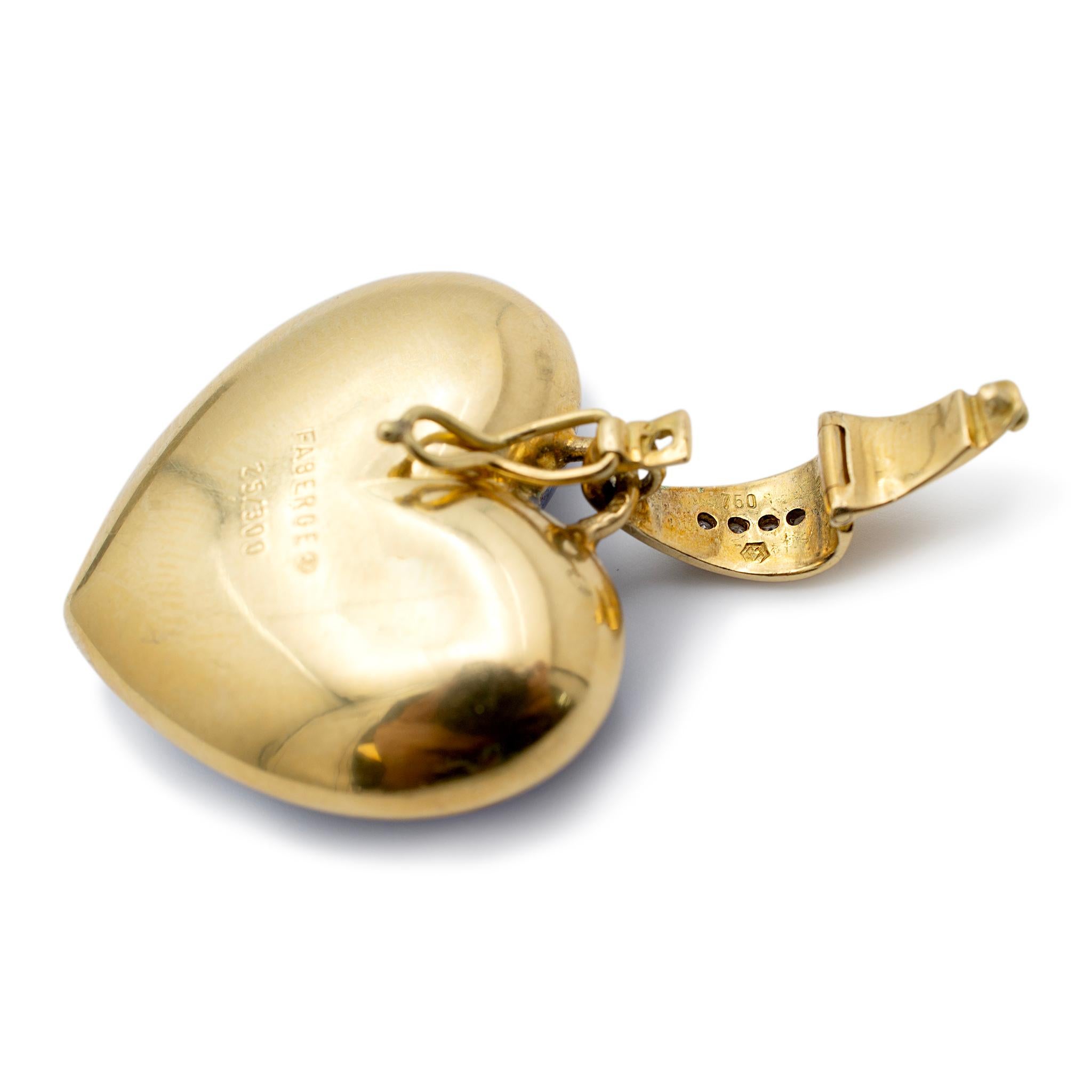 Round Cut Vintage Faberge Victor Mayer 18K Yellow Gold Blue Enamel Diamond Heart Pendant For Sale