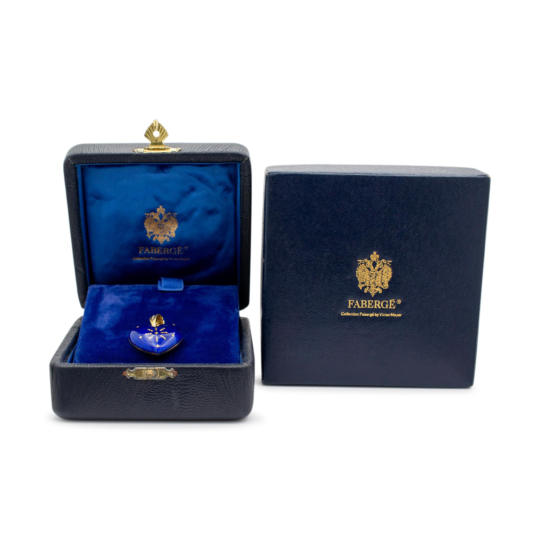 Women's or Men's Vintage Faberge Victor Mayer 18K Yellow Gold Blue Enamel Diamond Heart Pendant For Sale