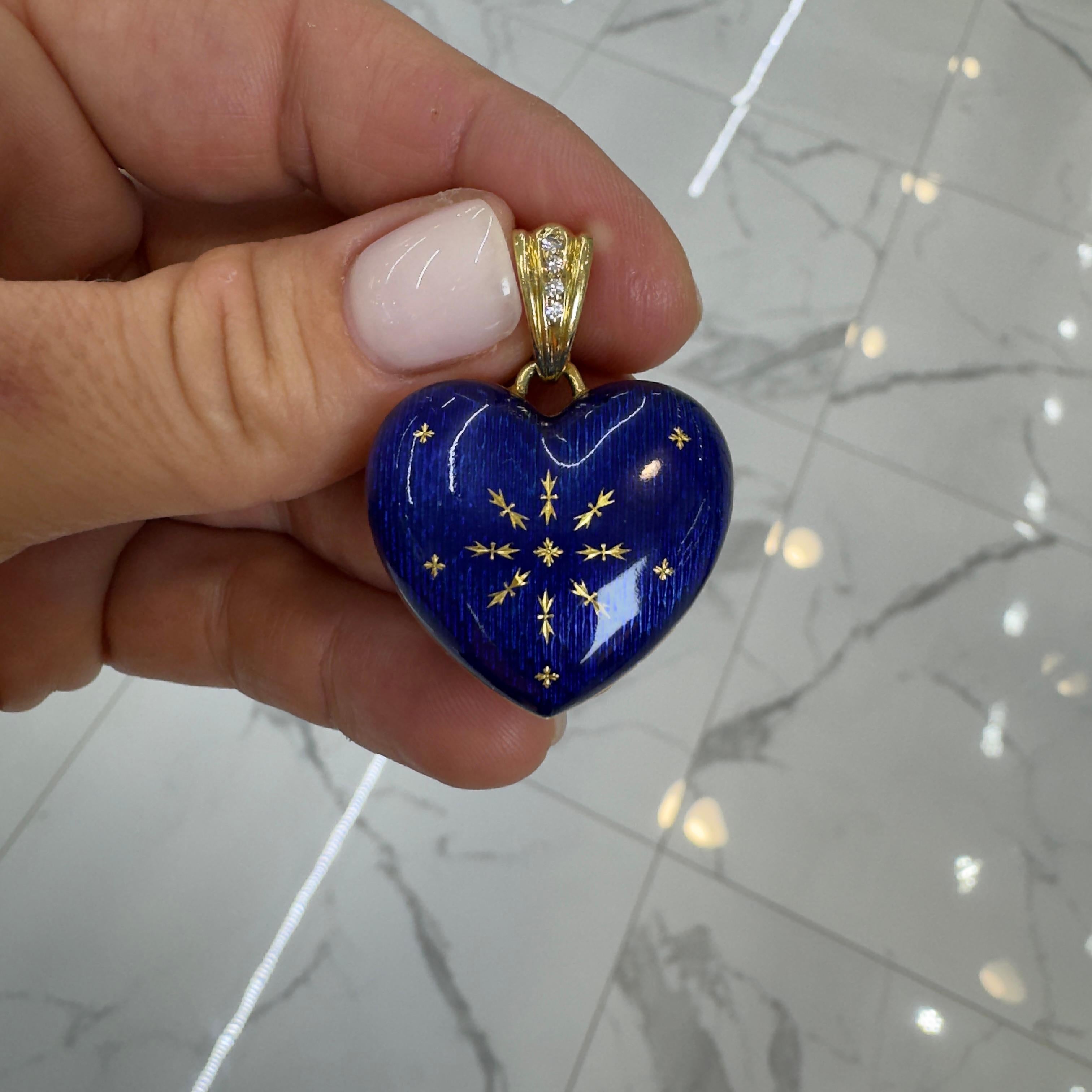 Vintage Faberge Victor Mayer 18K Yellow Gold Blue Enamel Diamond Heart Pendant For Sale 1