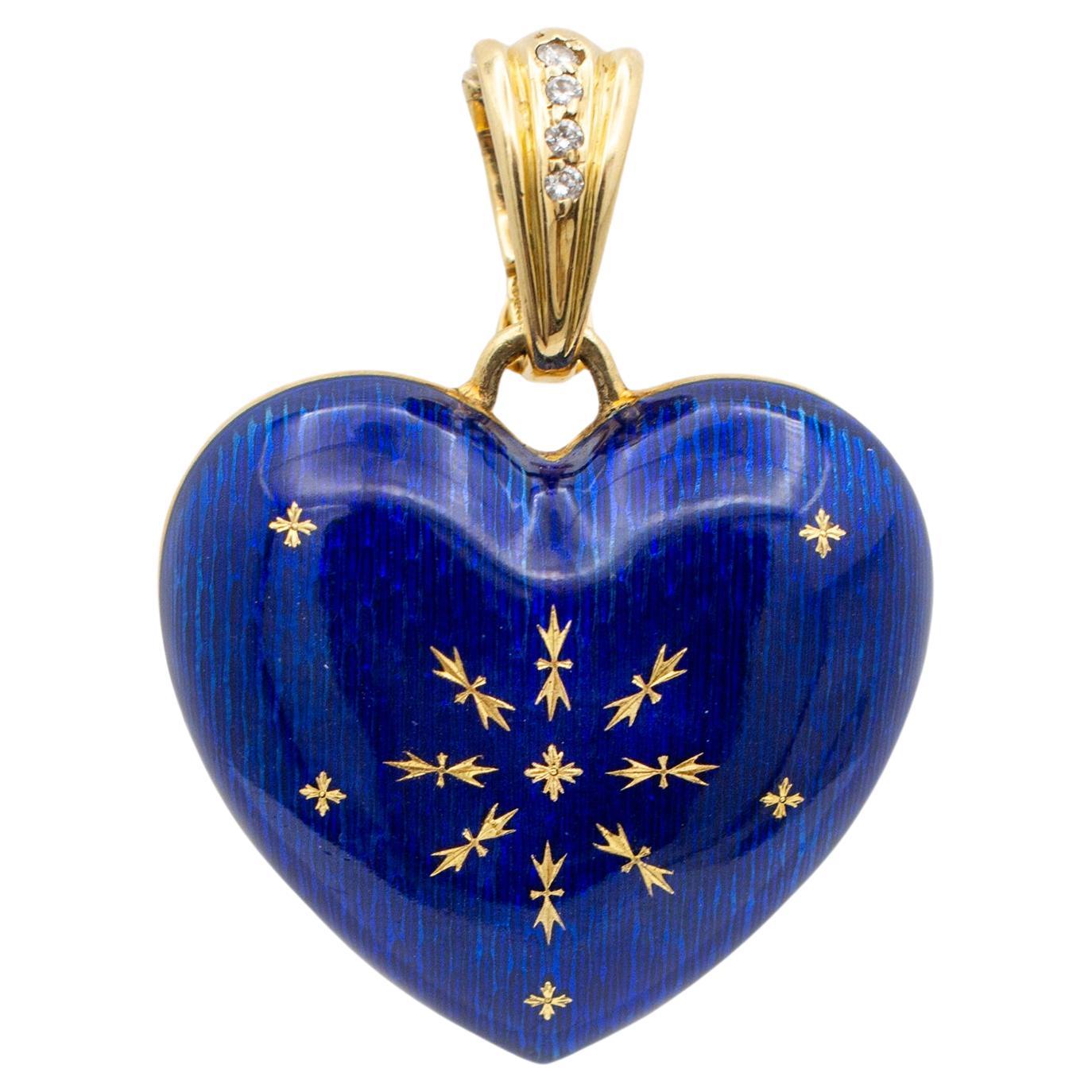 Vintage Faberge Victor Mayer 18K Yellow Gold Blue Enamel Diamond Heart Pendant