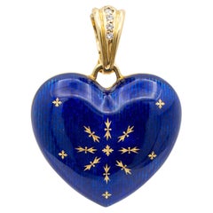 Vintage Faberge Victor Mayer 18K Yellow Gold Blue Enamel Diamond Heart Pendant
