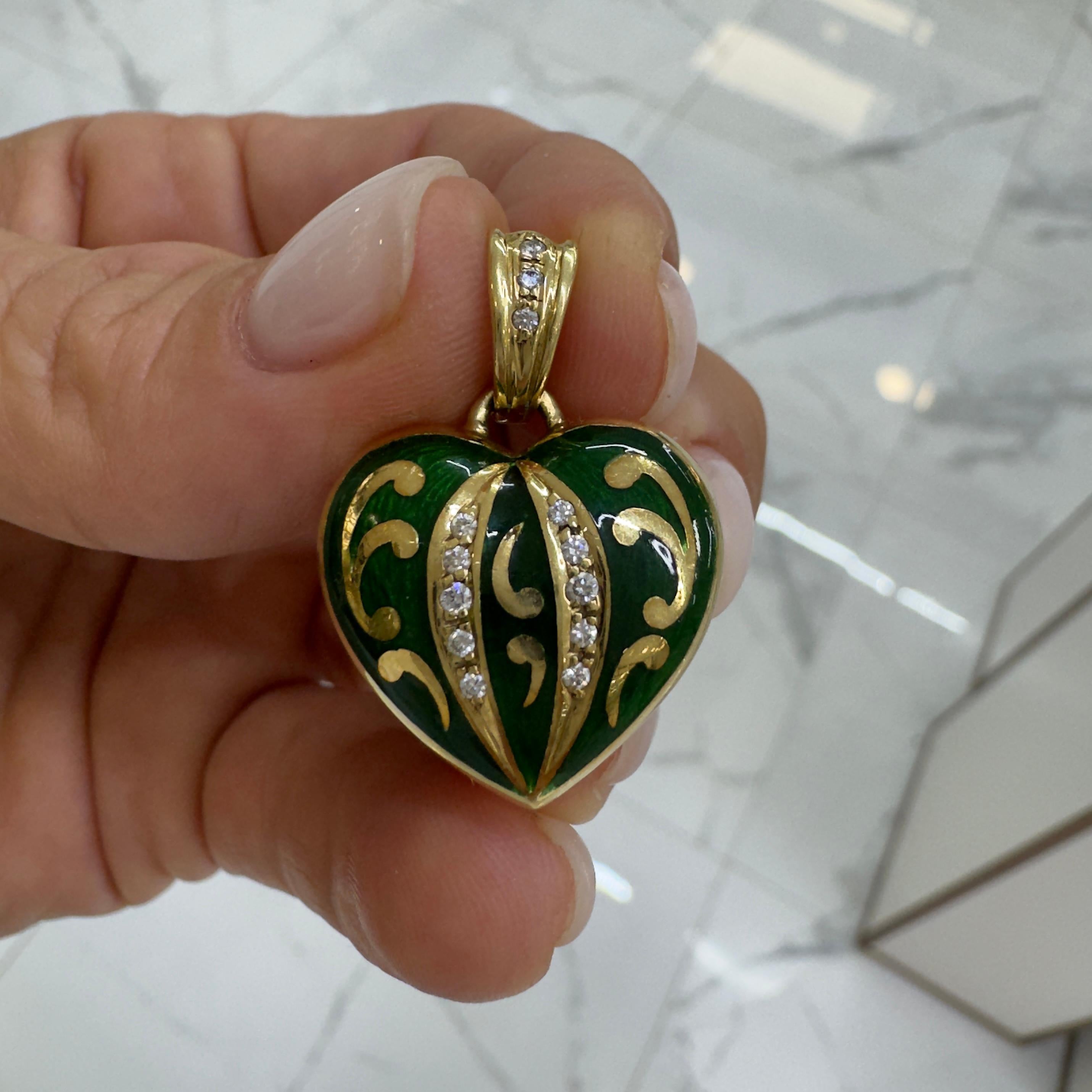 Vintage Faberge Victor Mayer 18K Yellow Gold Green Enamel Diamond Heart Pendant For Sale 1