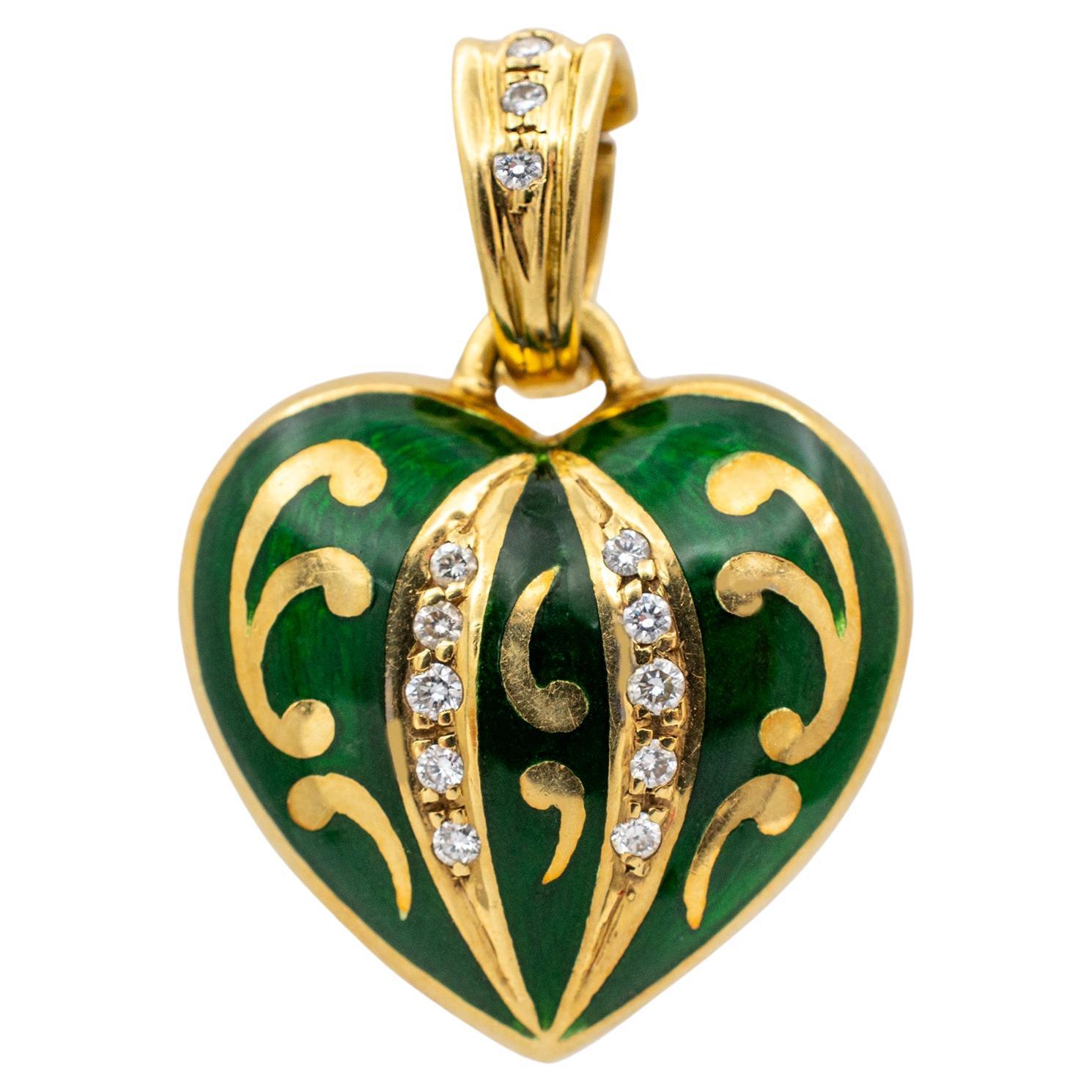 Faberge Victor Mayer Pendentif cœur vintage en or jaune 18 carats, émail vert et diamants