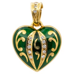 Retro Faberge Victor Mayer 18K Yellow Gold Green Enamel Diamond Heart Pendant