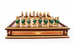 Vintage Faberge Walnut Amboyna Marble & Malachite Chess Set 20th Century