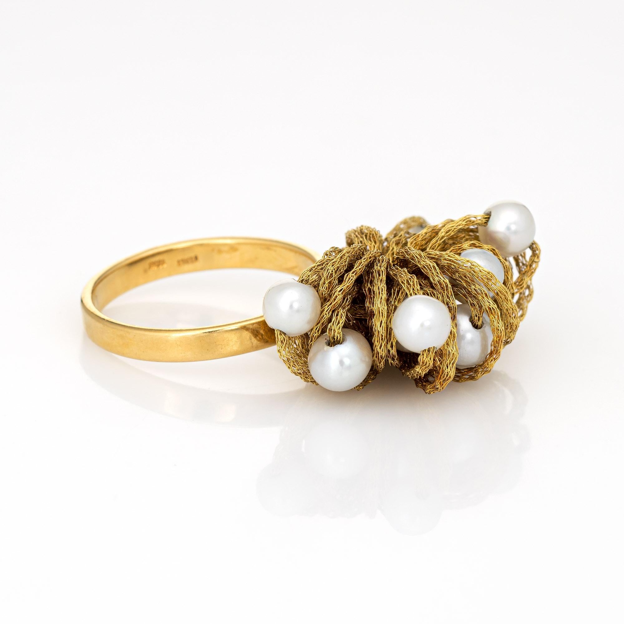 Stylish vintage cultured pearl woven fabric ring (circa 1980s to 1990s) crafted in 18 karat yellow gold. 

Cultured pearls measures (average) 4.3mm. The pearls are well matching and show rose overtones.  

The stylish and unique ring features