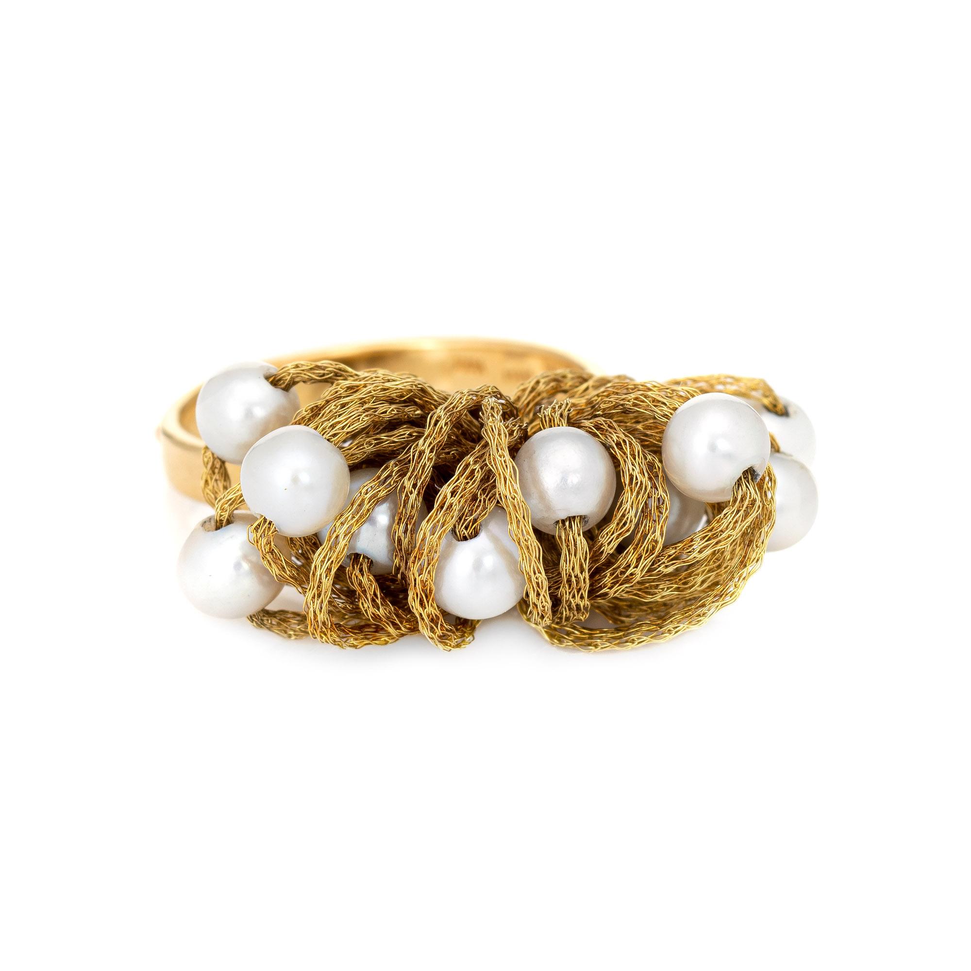 Modern Vintage Fabric Dome Ring Cultured Pearl 18k Yellow Gold Estate Jewelry Italy 7