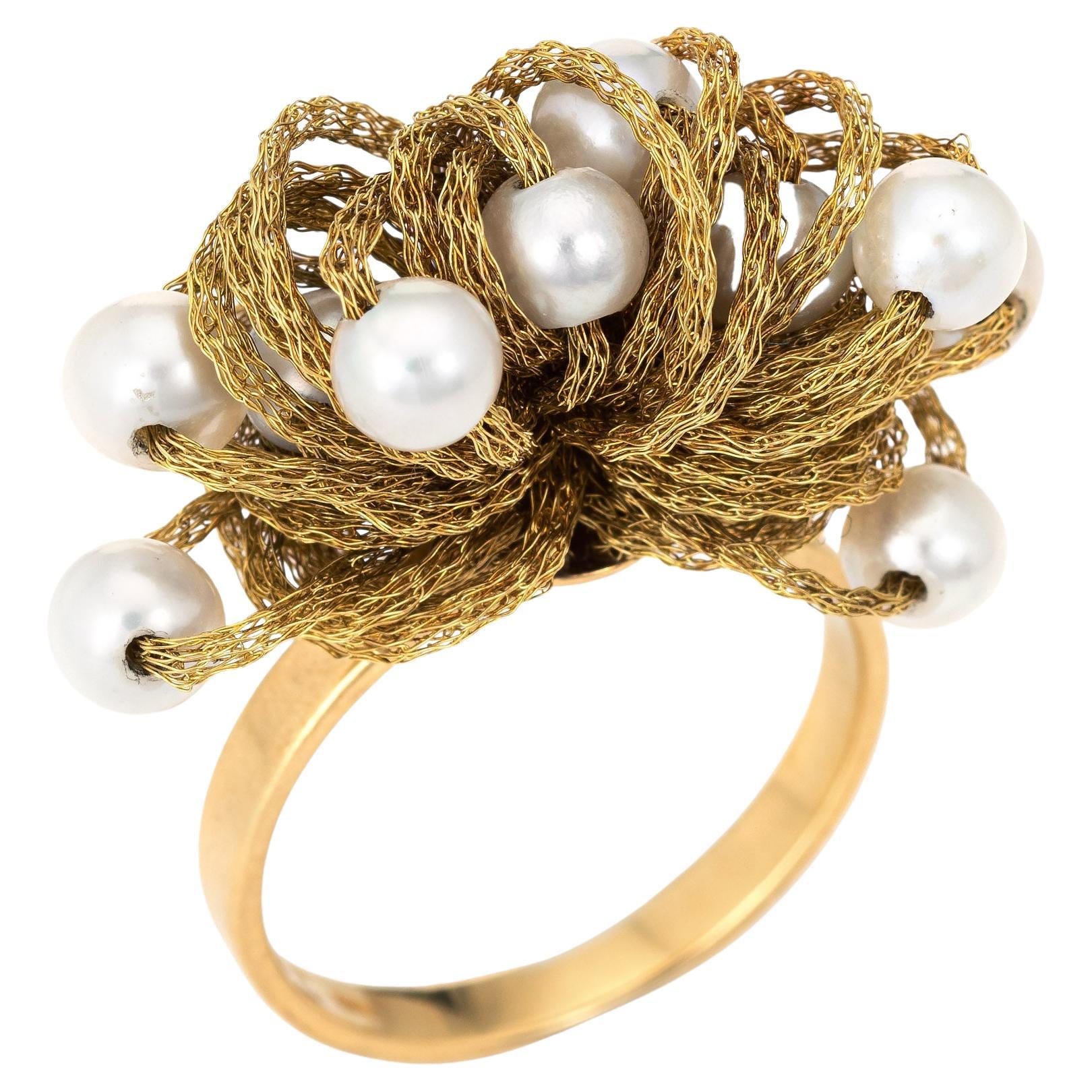 Vintage Fabric Dome Ring Cultured Pearl 18k Yellow Gold Estate Jewelry Italy 7
