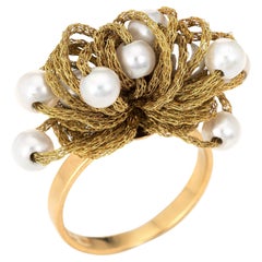 Vintage Fabric Dome Ring Cultured Pearl 18k Yellow Gold Estate Jewelry Italy 7
