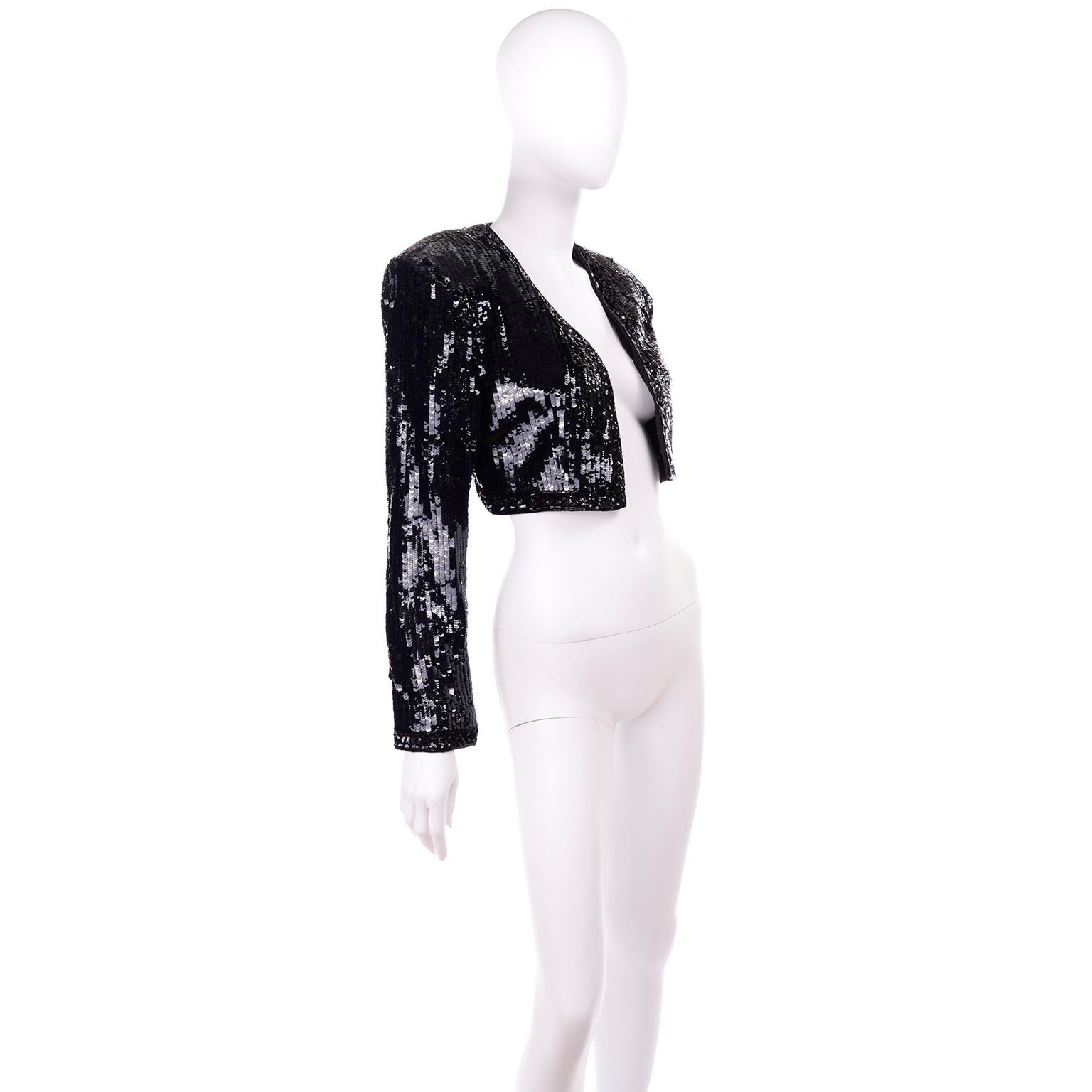 Vintage Fabrice Silhouette Beaded & Sequin Cropped Black Evening Jacket In Excellent Condition For Sale In Portland, OR