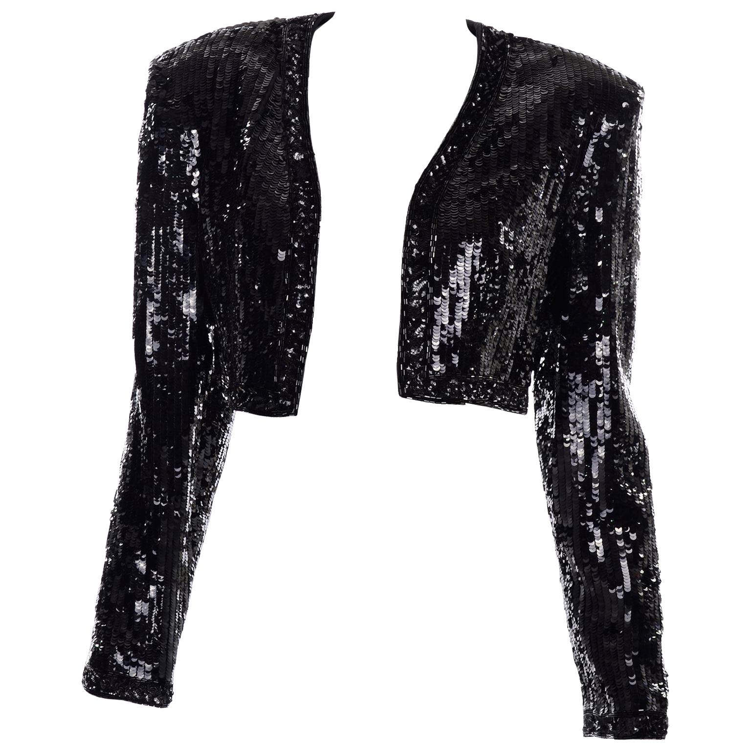 Vintage Fabrice Silhouette Beaded & Sequin Cropped Black Evening Jacket For Sale