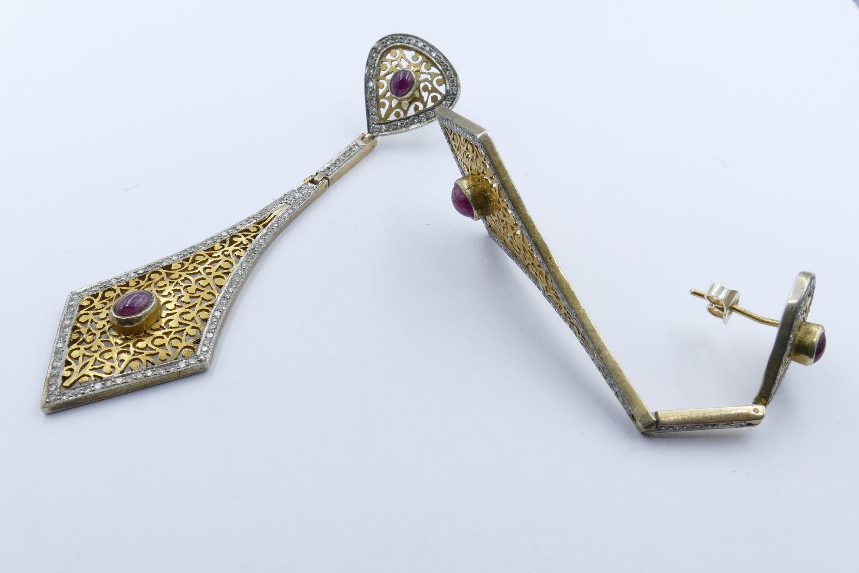 Women's Vintage Fabulously Long 14ct Yellow Gold/Silvergilt Ruby & Diamond Drop Earrings