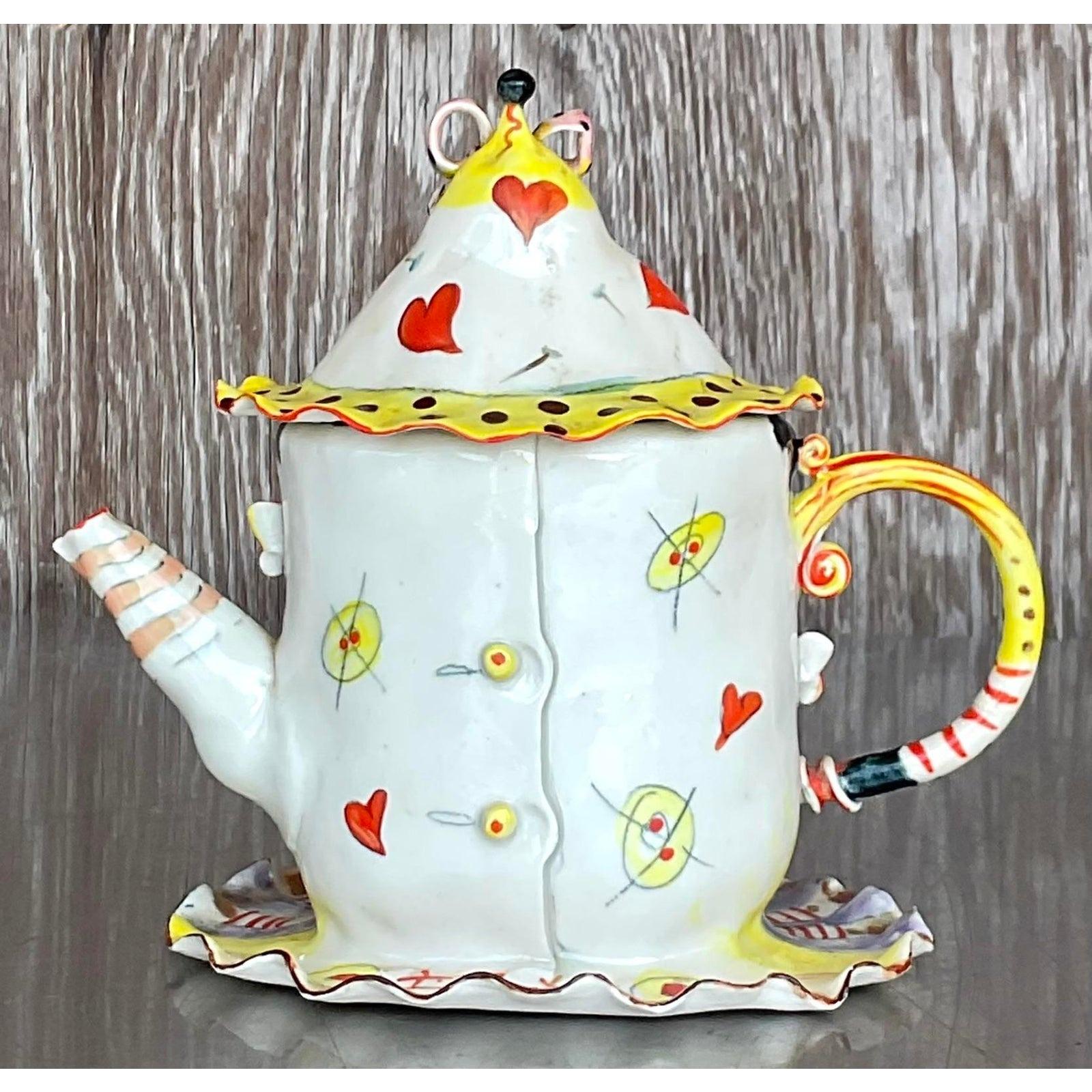 Vintage Face Painted Colorful Tea Pot In Good Condition For Sale In west palm beach, FL