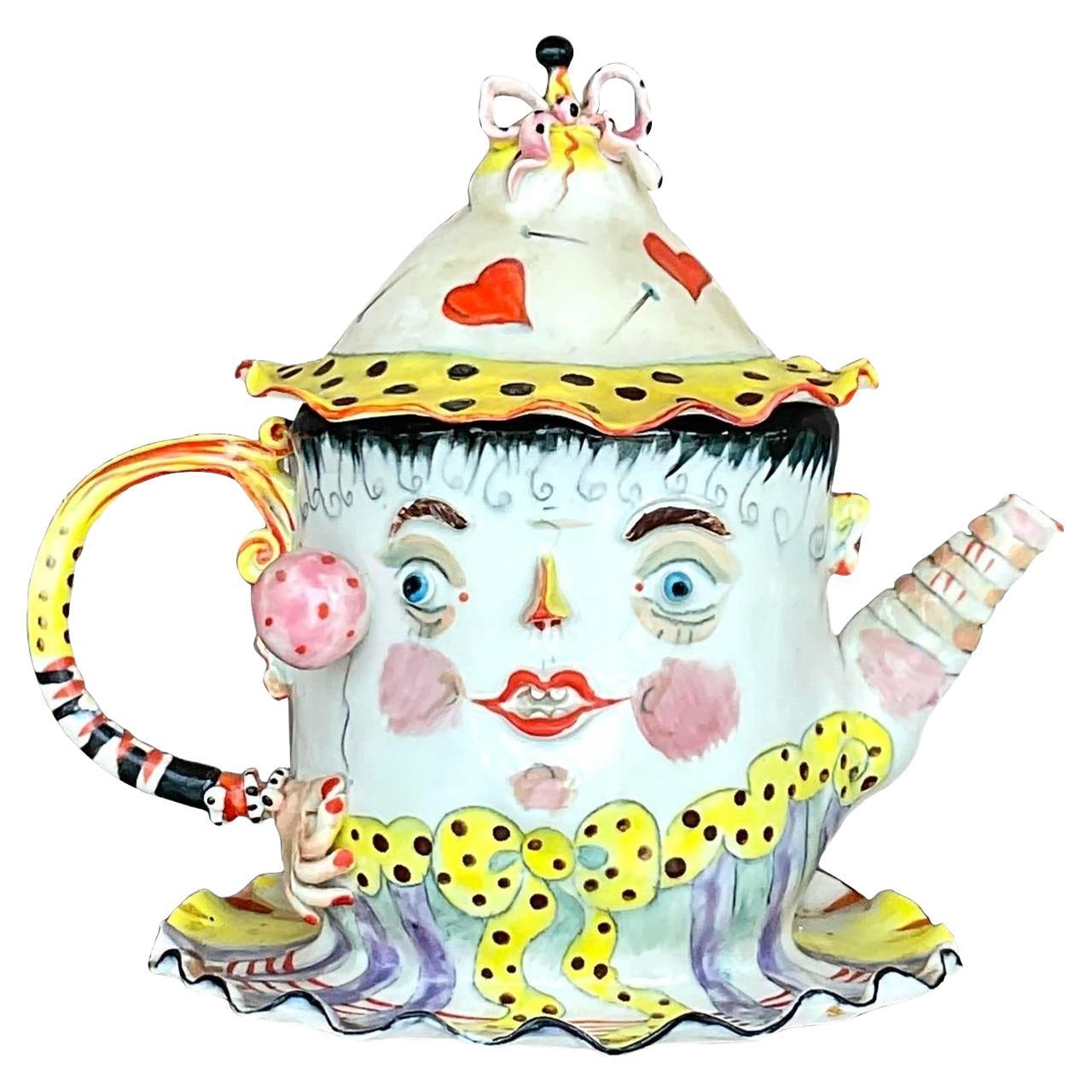 Vintage Face Painted Colorful Tea Pot For Sale