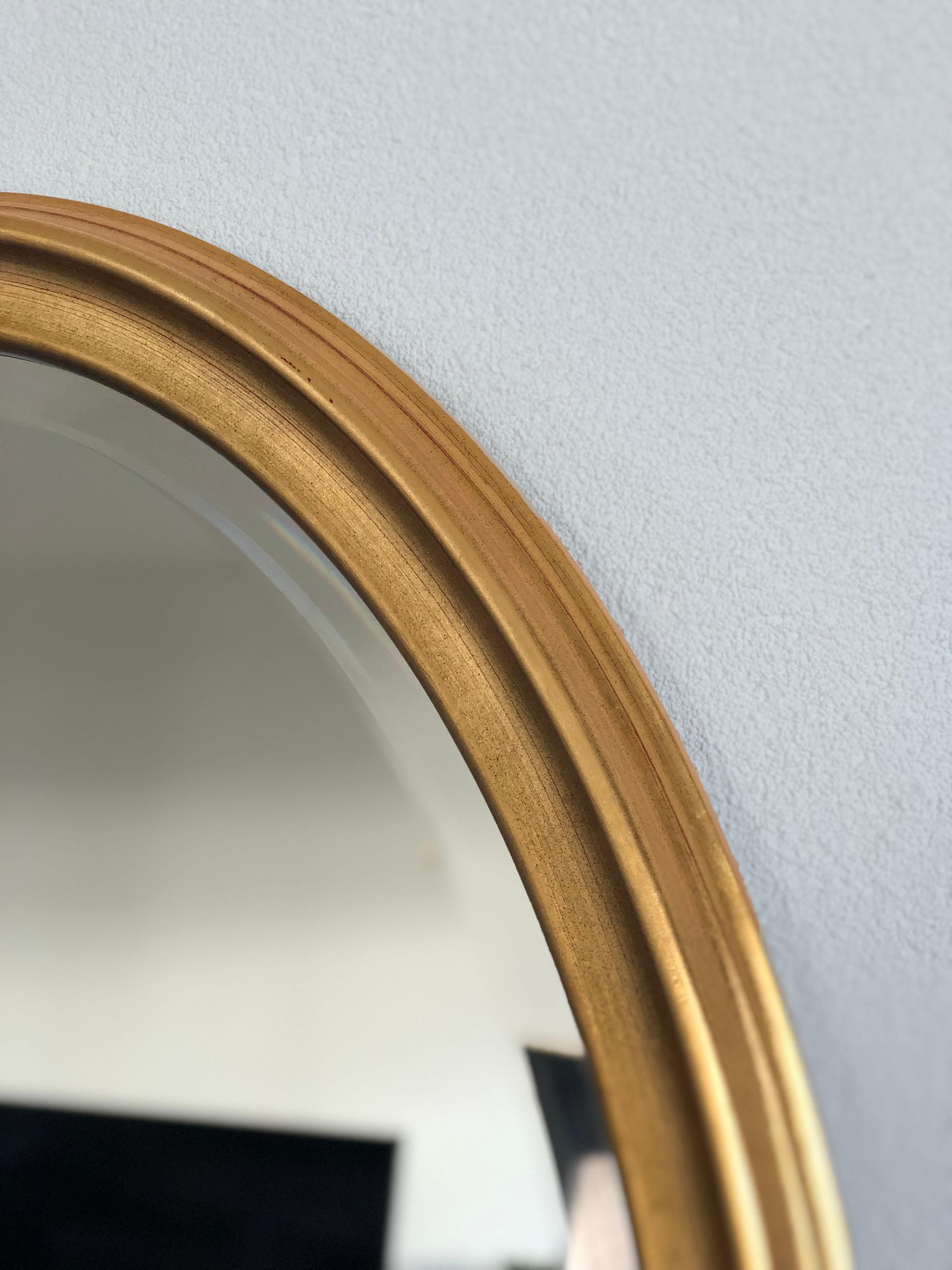 Heavy oval facet cut mirror in gold. The frame is nicely weathered. Belgium, 1980s.

Object: Mirror
Designer: Unknown
Style: Vintage
Period: 1980 - 1990
Country of origin: Belgium
Condition: Very good. Wear is consistent with age and use.