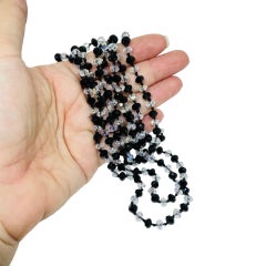 Vintage faceted aurora borealis black crystal glass long beaded necklace