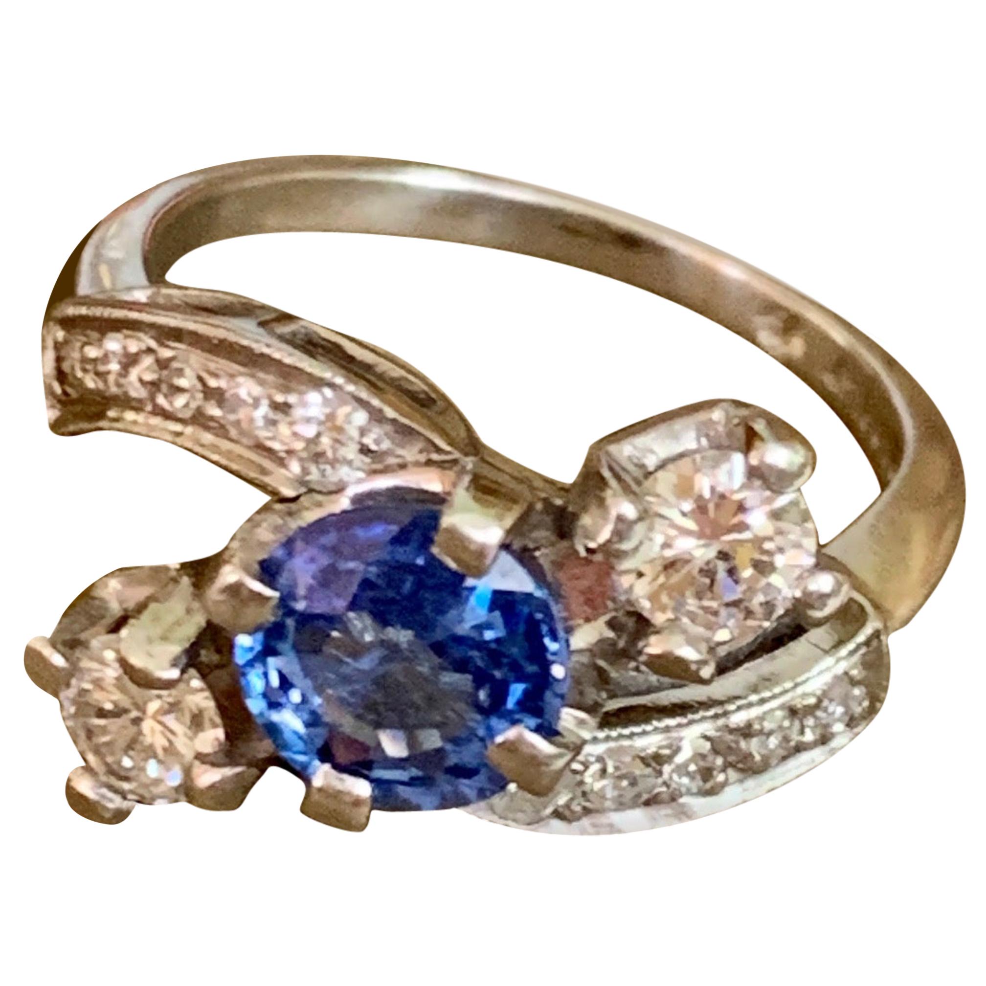 Vintage Faceted Blue Sapphire and Brilliant Cut Diamond Platinum Ring-Size 6 1/2