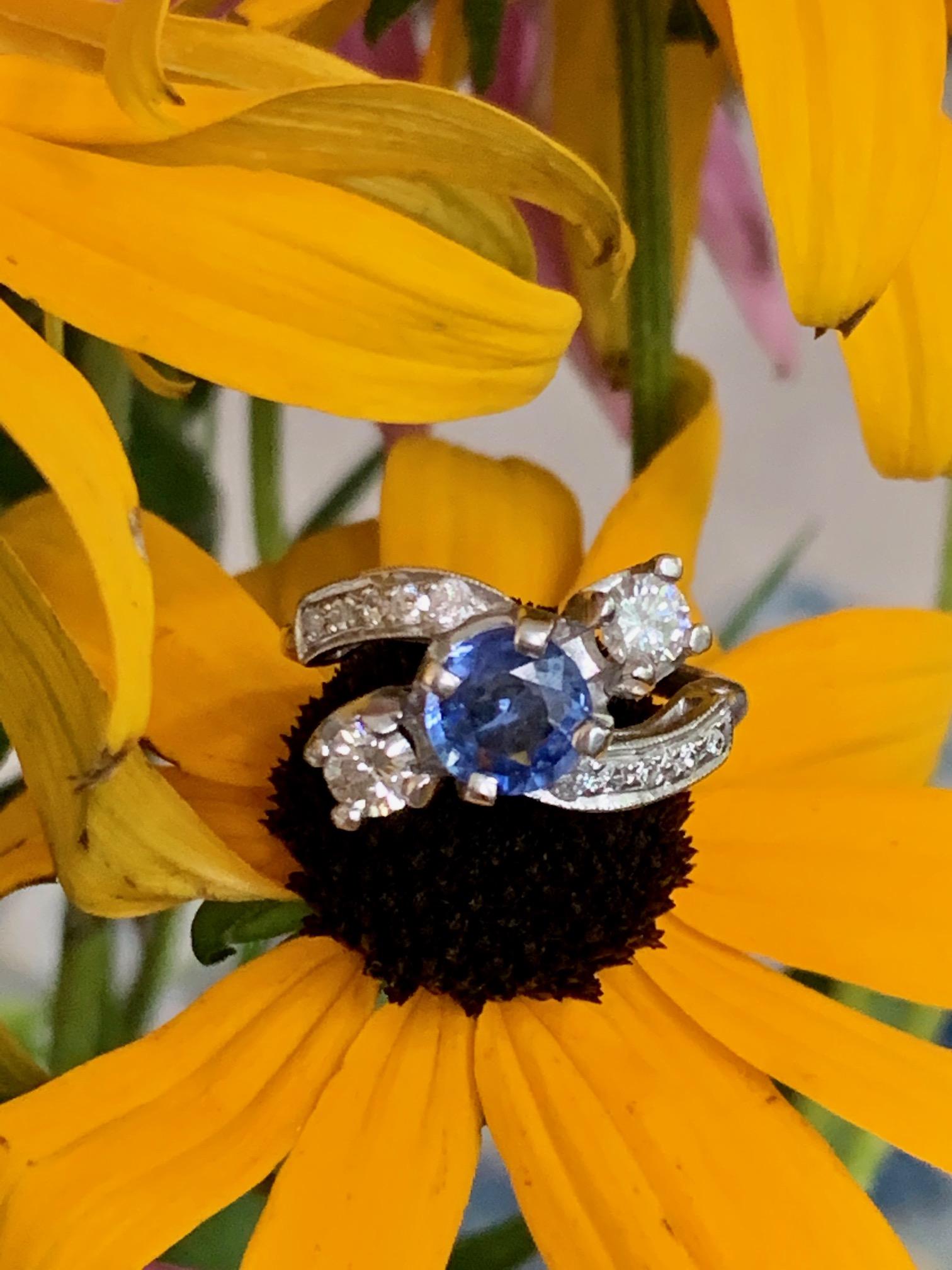 Women's Vintage Faceted Blue Sapphire and Brilliant Cut Diamond Platinum Ring-Size 6 1/2