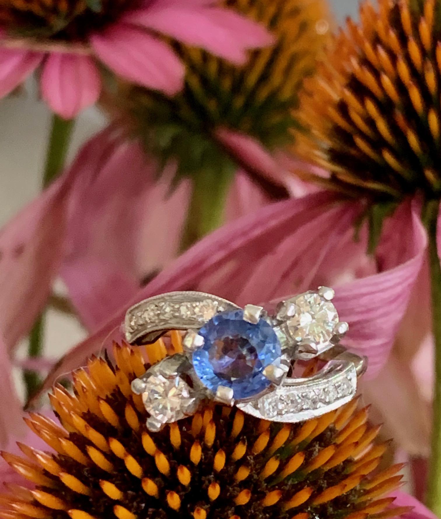 Vintage Faceted Blue Sapphire and Brilliant Cut Diamond Platinum Ring-Size 6 1/2 1