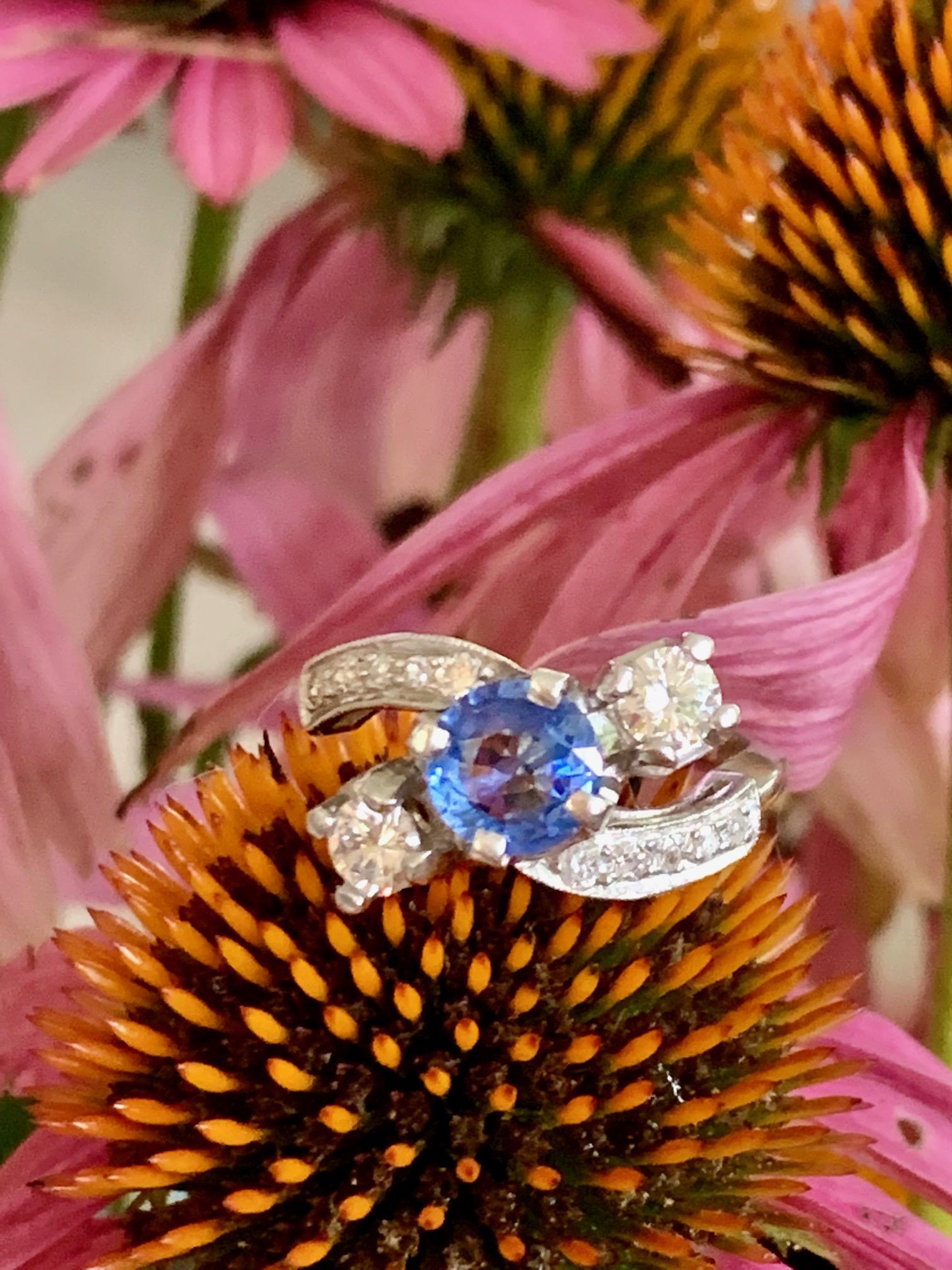 Vintage Faceted Blue Sapphire and Brilliant Cut Diamond Platinum Ring-Size 6 1/2 2