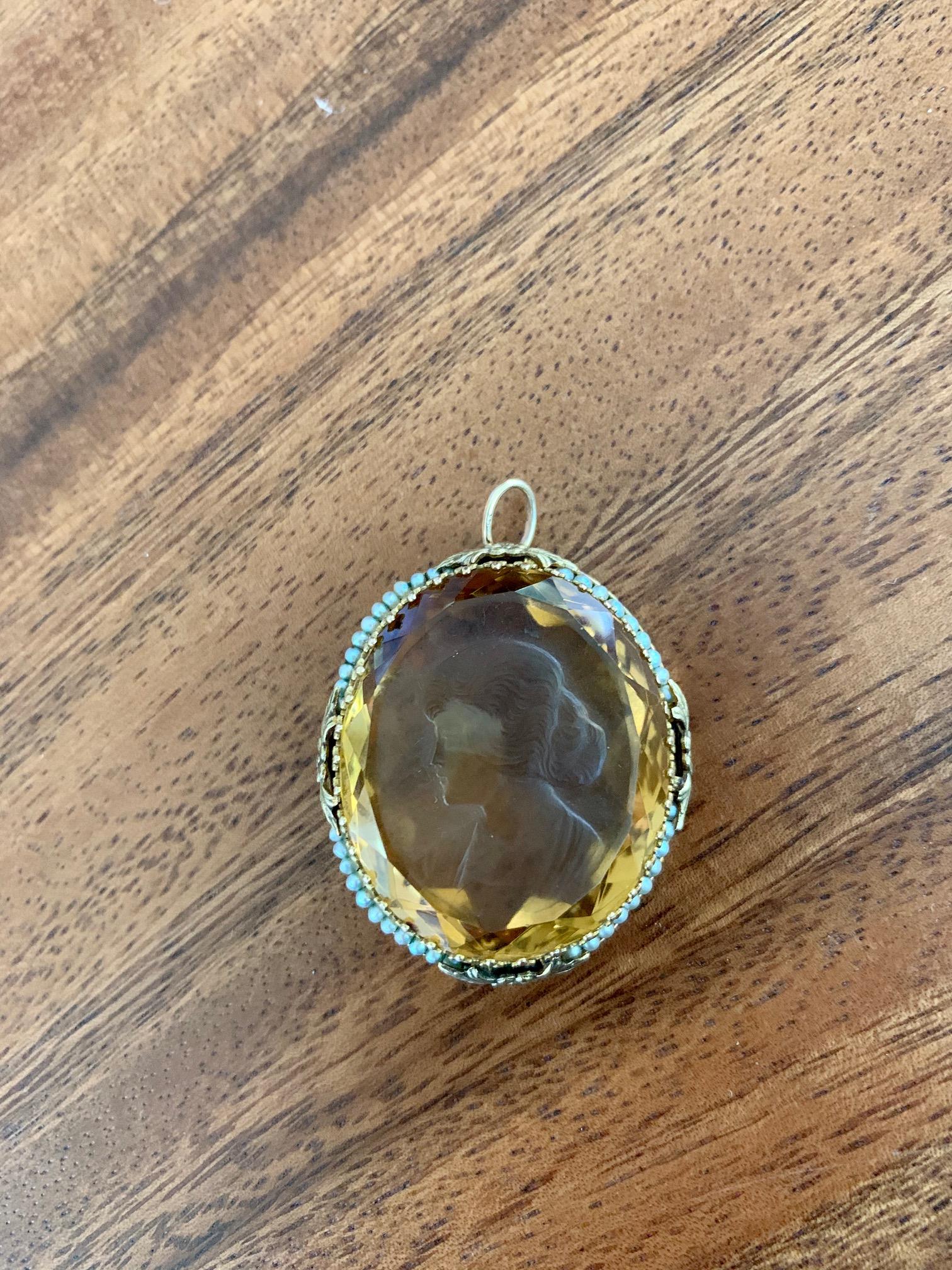 Vintage Facettierte Citrin Kamee mit Seed Pearl Halo 14 Karat Gelbgold Anhänger Damen
