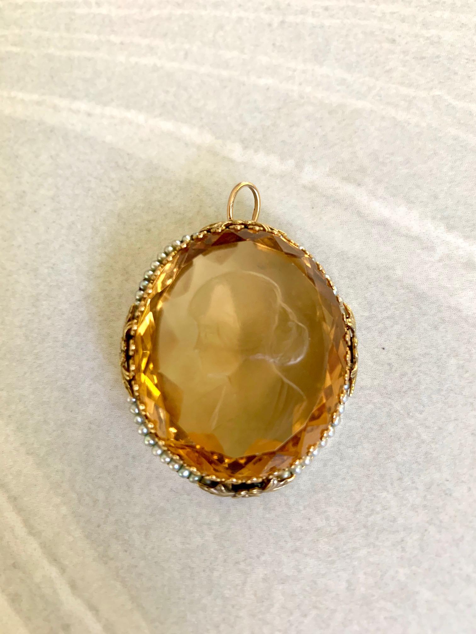 Vintage Facettierte Citrin Kamee mit Seed Pearl Halo 14 Karat Gelbgold Anhänger 1