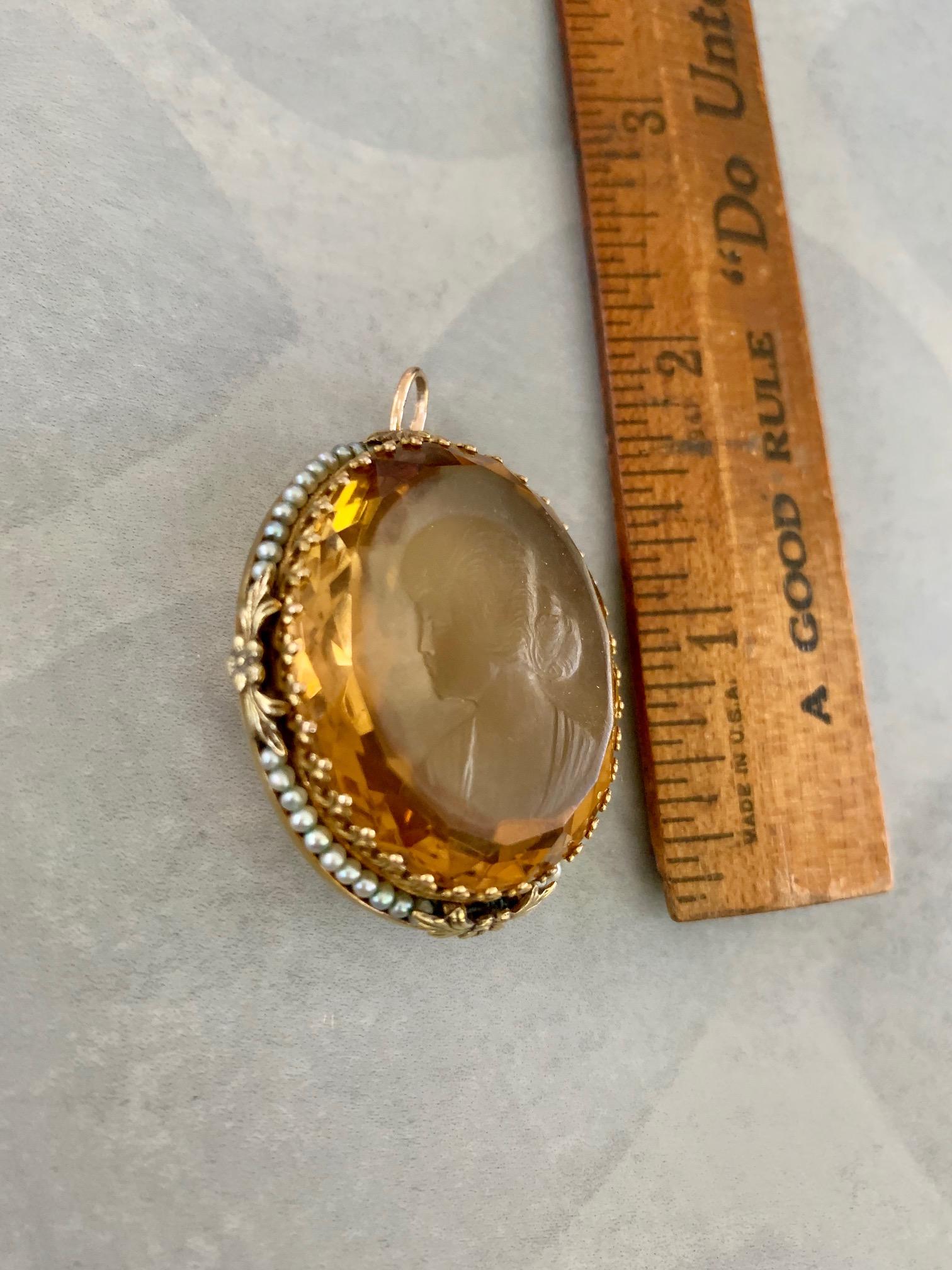 Vintage Facettierte Citrin Kamee mit Seed Pearl Halo 14 Karat Gelbgold Anhänger 3