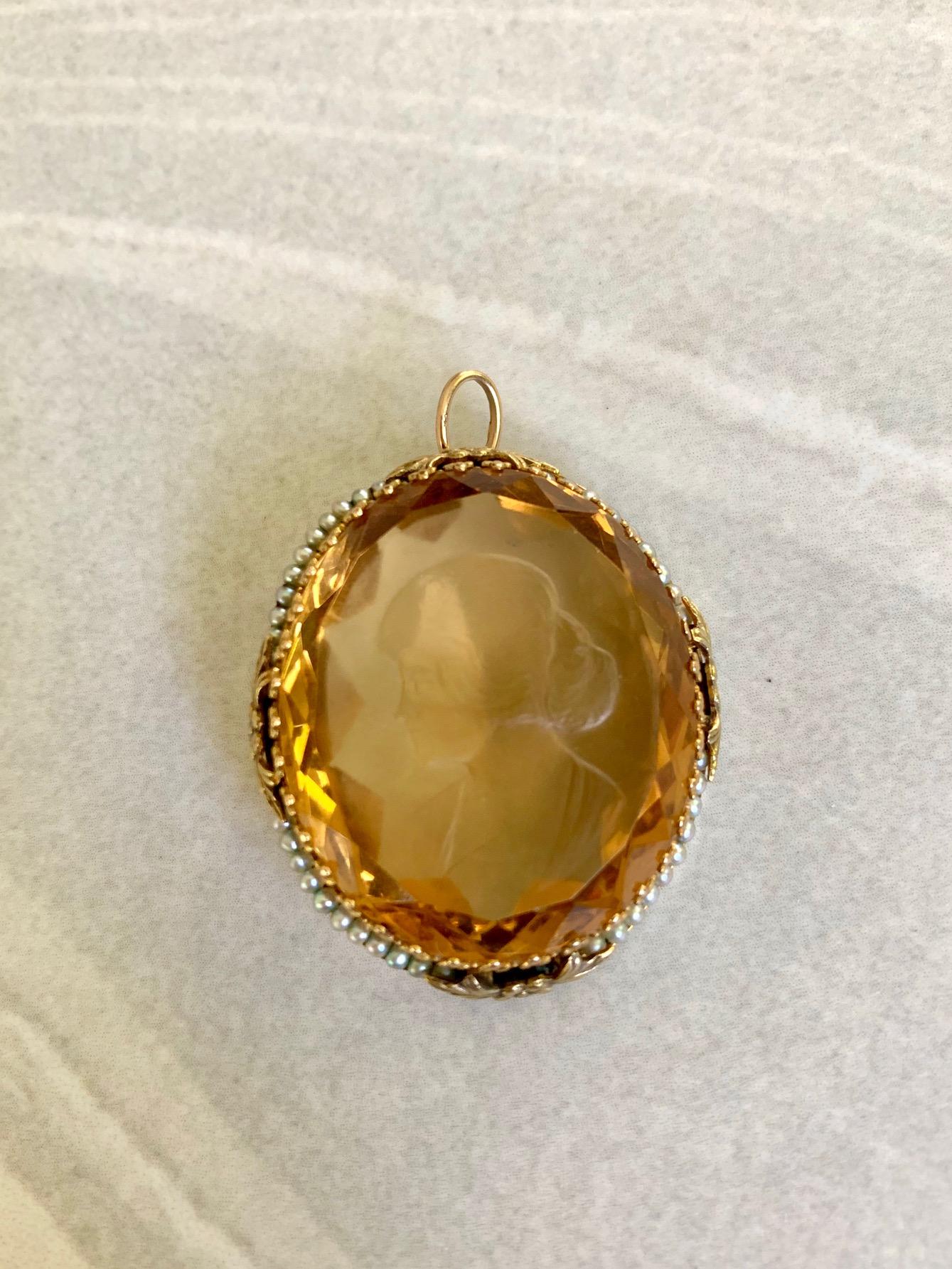 Vintage Facettierte Citrin Kamee mit Seed Pearl Halo 14 Karat Gelbgold Anhänger 4