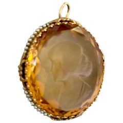 Vintage Faceted Citrine Cameo with Seed Pearl Halo 14 Karat Yellow Gold Pendant