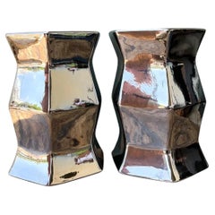 Vintage Faceted Metallic Glaze Low Stools - A Pair