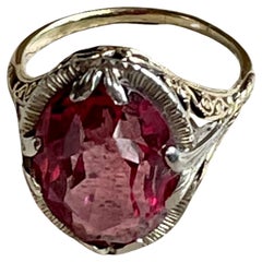 Vintage Art Nouveau Faceted Oval Garnet White and Yellow Gold Ring