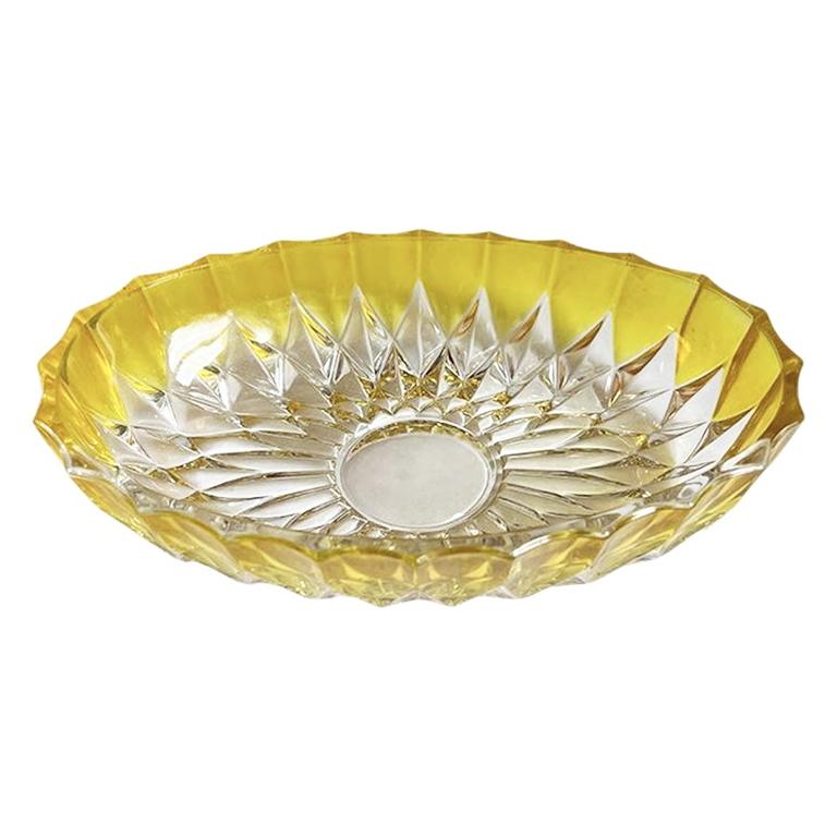 Mid-Century Modern Vintage Faceted Oval Yellow Cut Glass Candy Dish by Walther Glass Germany For Sale