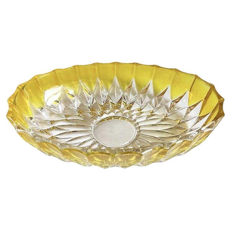 Vintage Faceted Oval Yellow Cut Glass Candy Dish by Walther Glass Germany For Sale