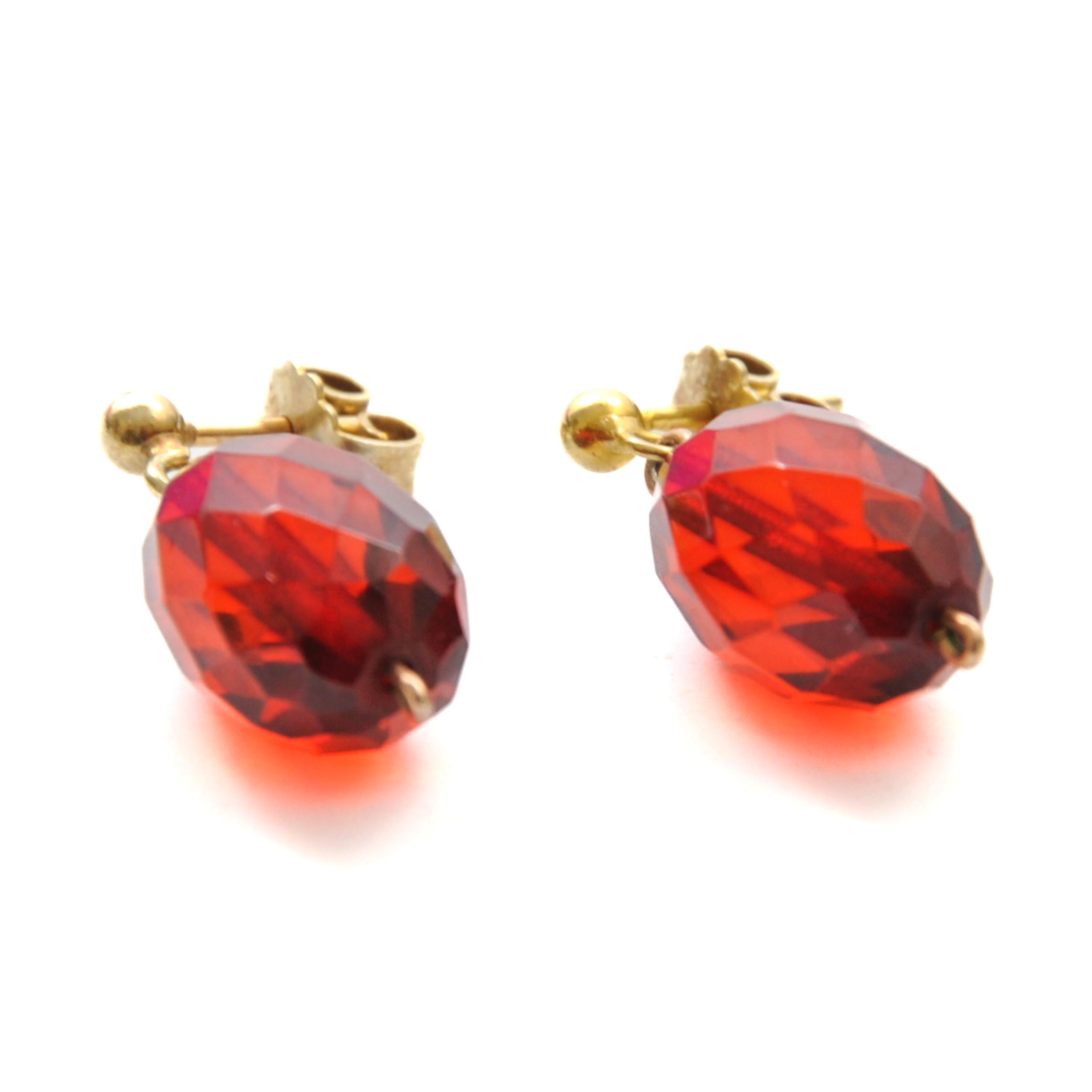 Women's Vintage Faceted Red Amber and Gold Dangle Earrings For Sale