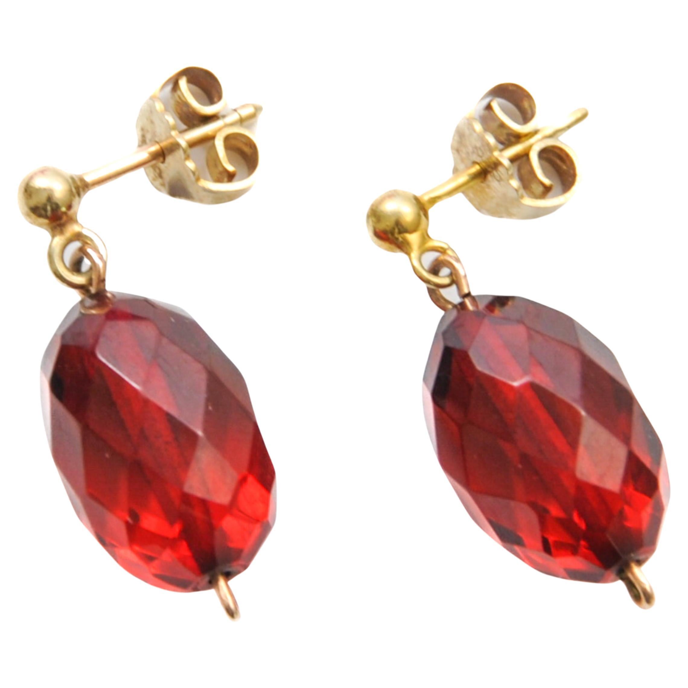 Vintage Faceted Red Amber and Gold Dangle Earrings